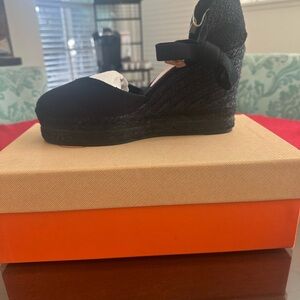 Castaner Black Canvas Espadrille Wedge with Ankle Tie